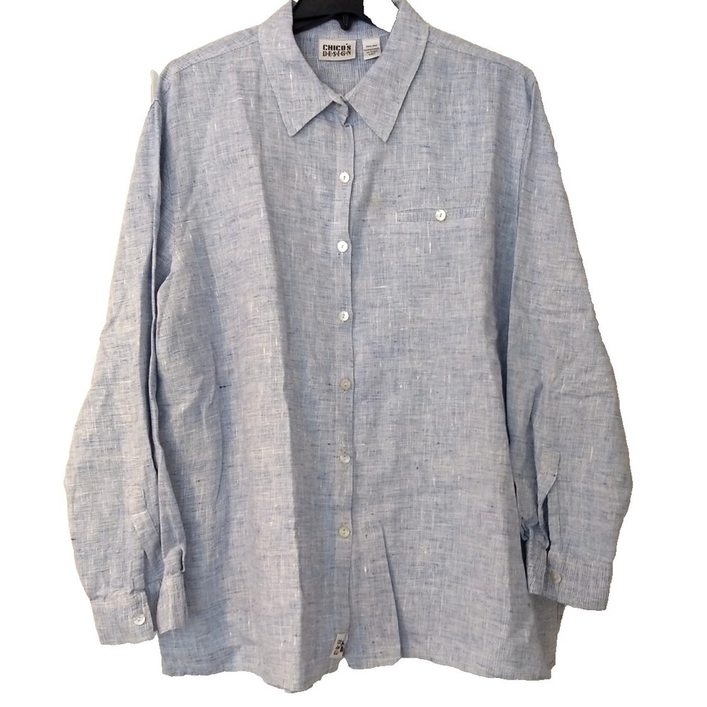 Chico's‎ 100% Linen Shirt Sz 3 Womens XL 16/18 Heather Blue Button Pocket READ
